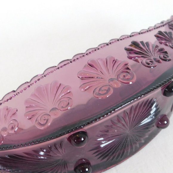 Amethyst Pressed Glass Console Bowl Half Moon Shell Scroll Starburst Vintage - Picture 8 of 8